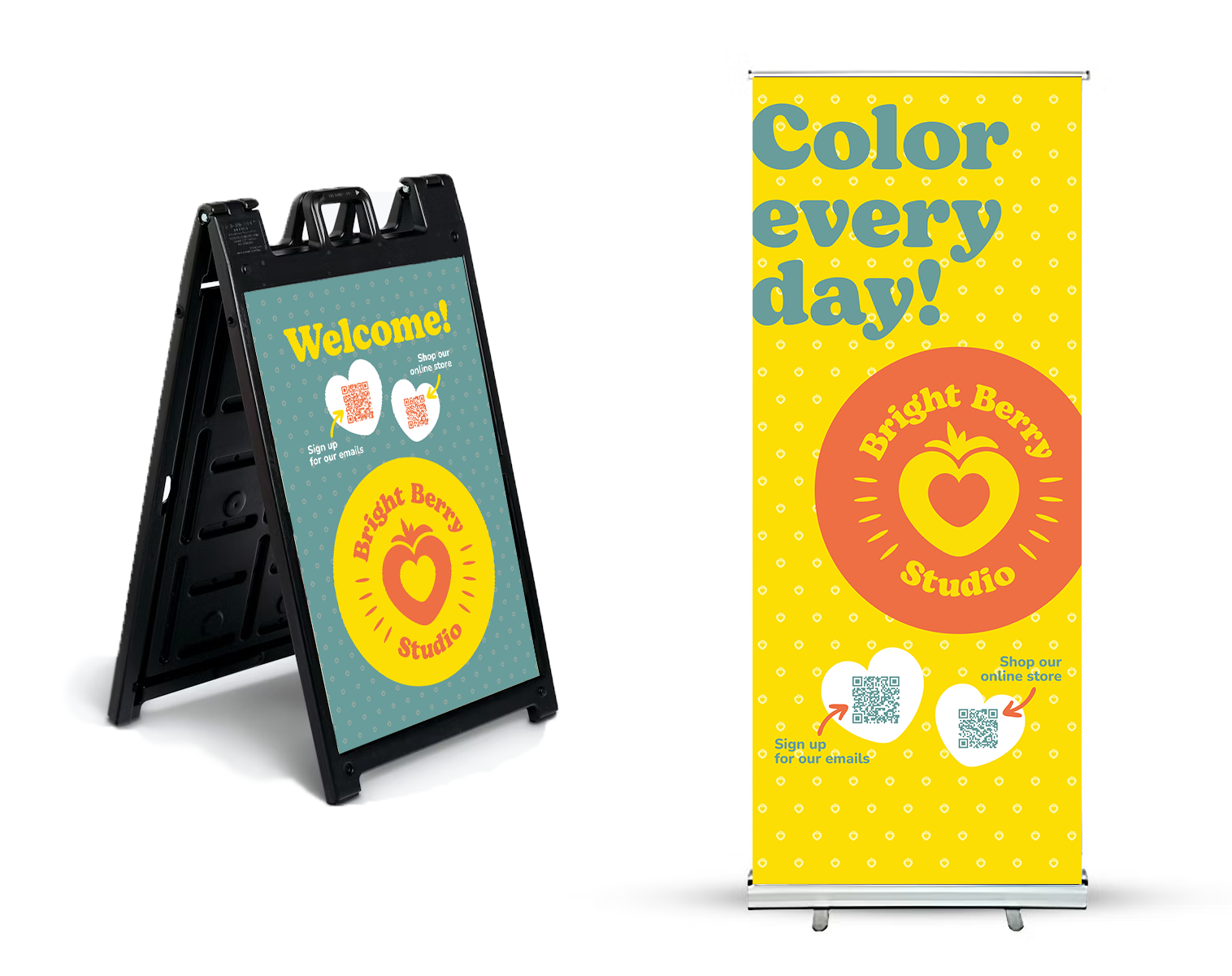 Retractable banner and A-frame shown in a mockup